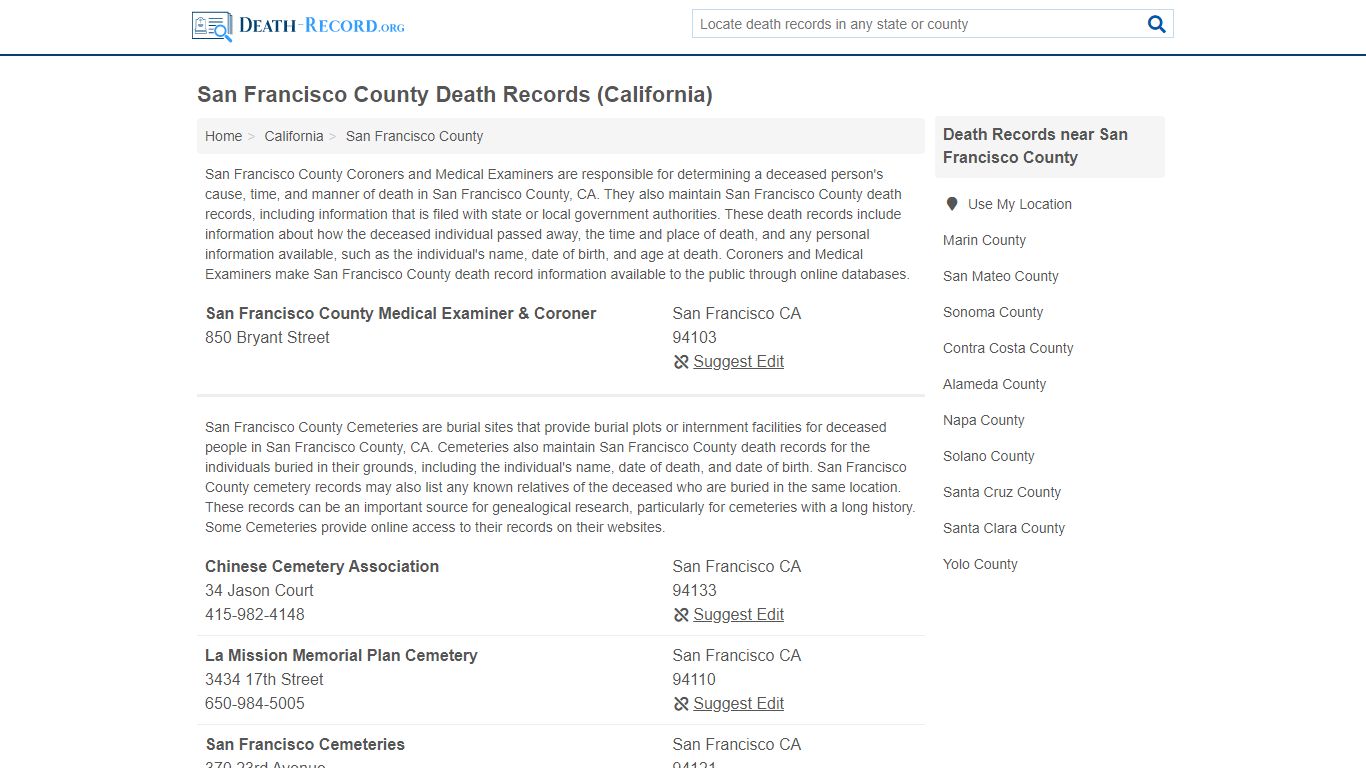 San Francisco County Death Records (California)