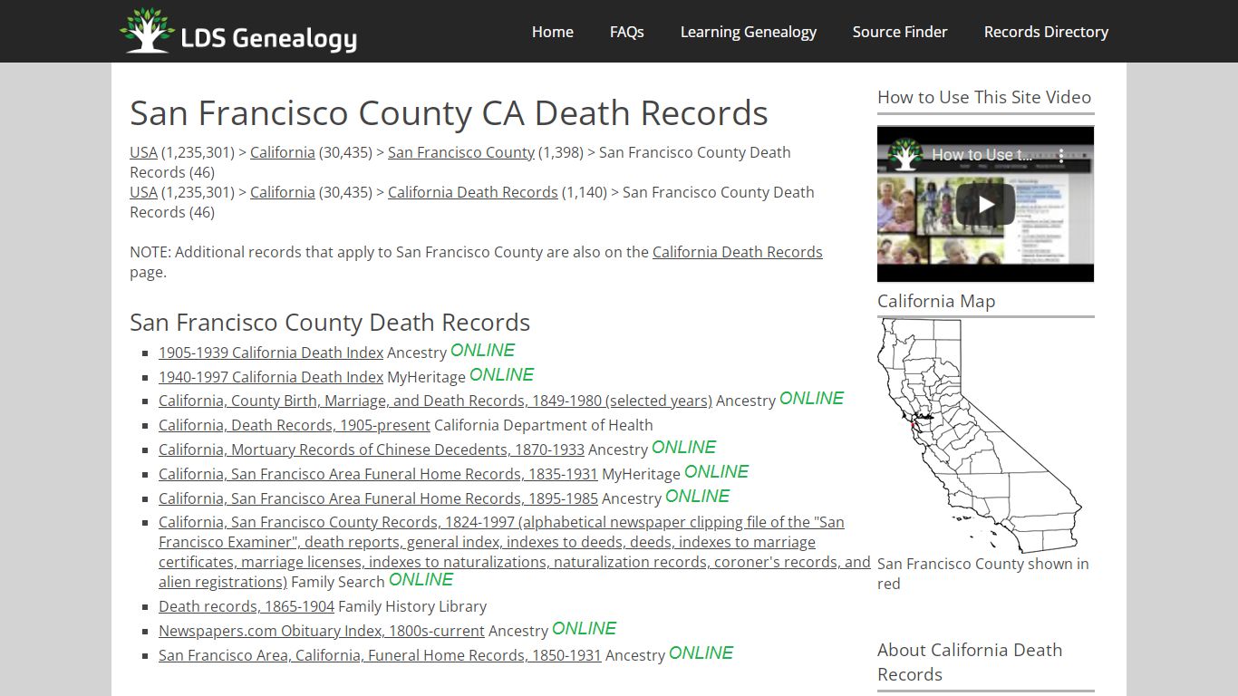 San Francisco County CA Death Records - LDS Genealogy